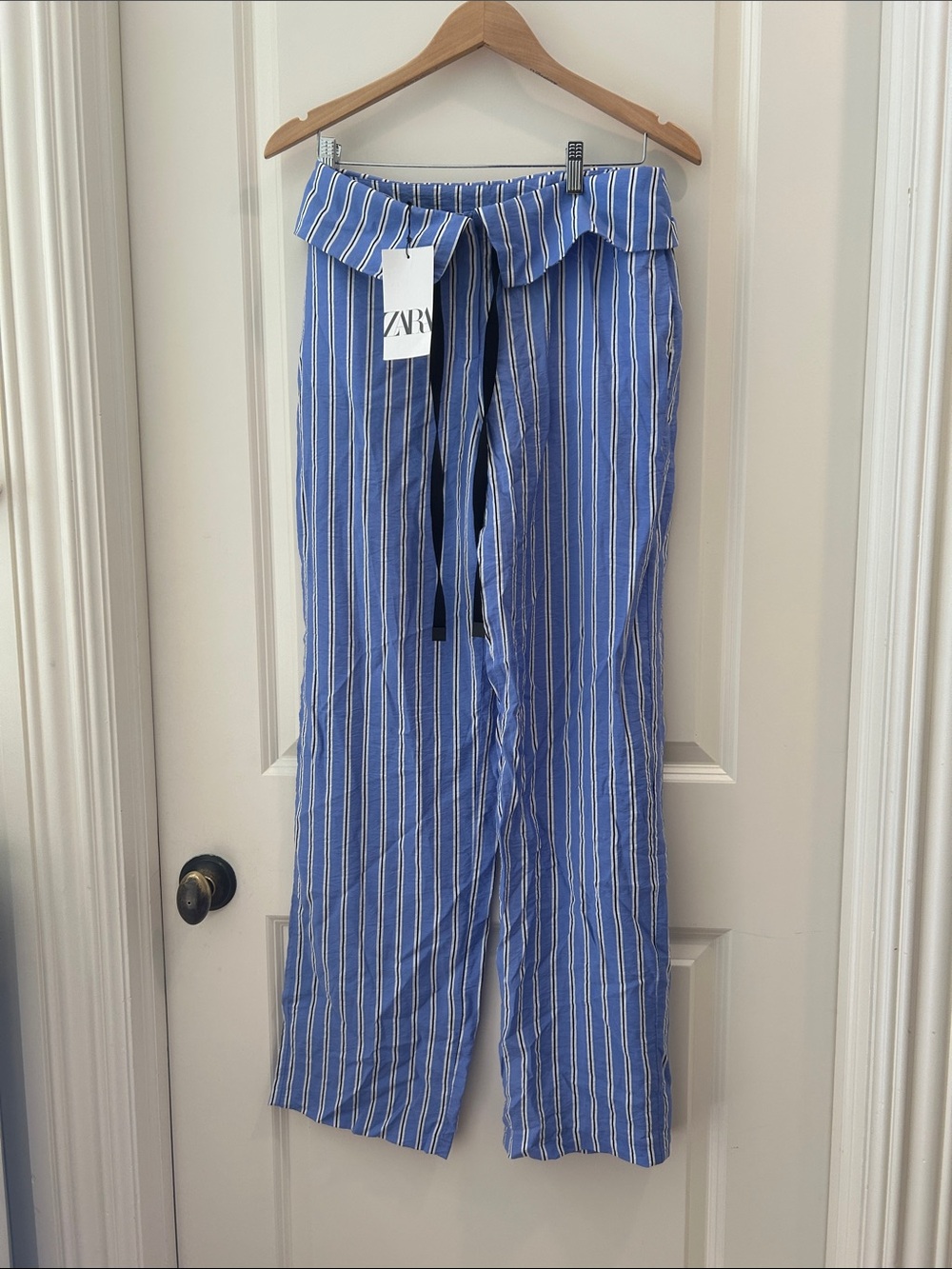 ZARA Lightweight Vertical Stripe pants w/Over flap waist ZipUp Semi Sheer size S